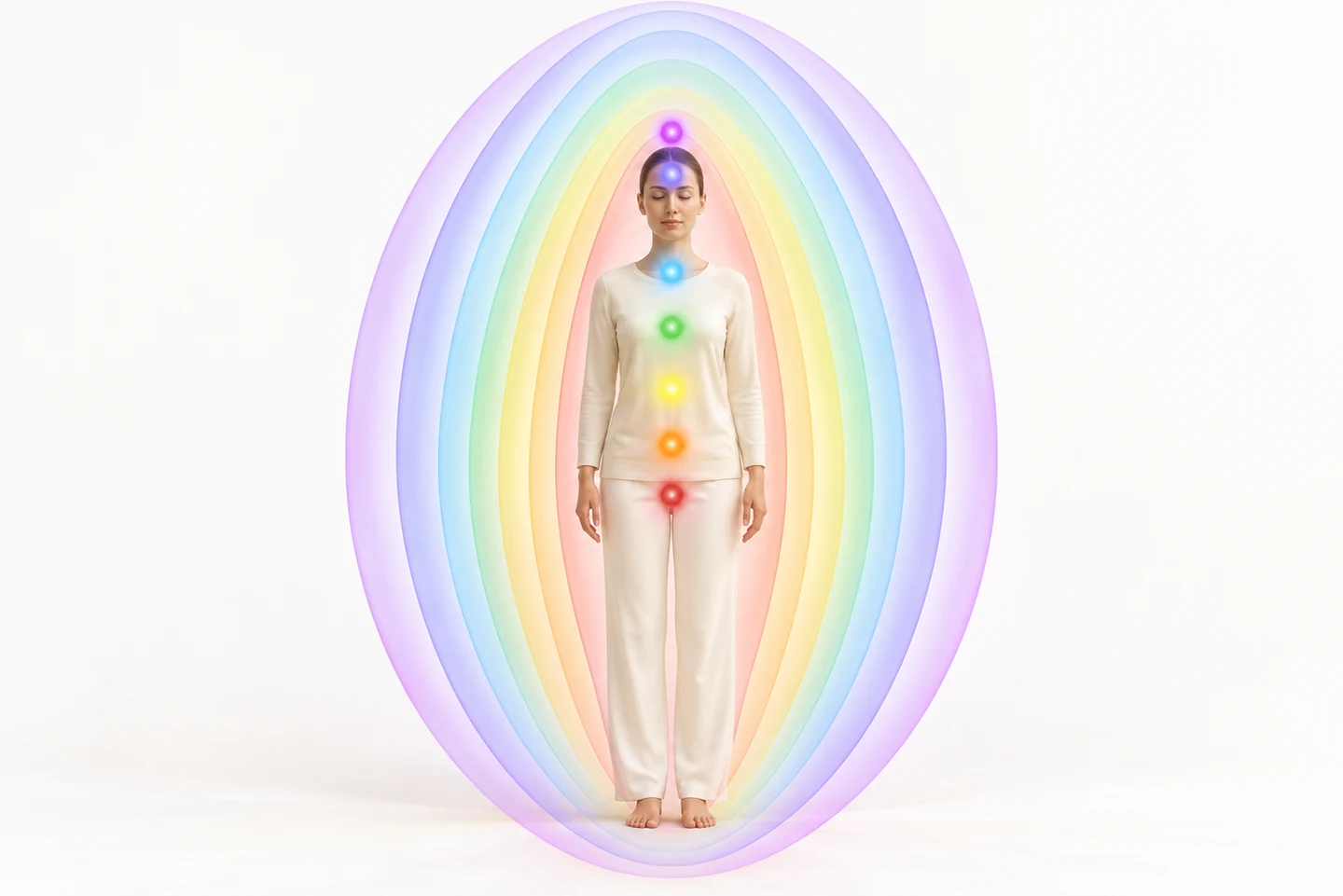 Representación del modelo espiritual utilizado en este curso: siete chakras y siete capas energéticas alrededor de una figura humana.