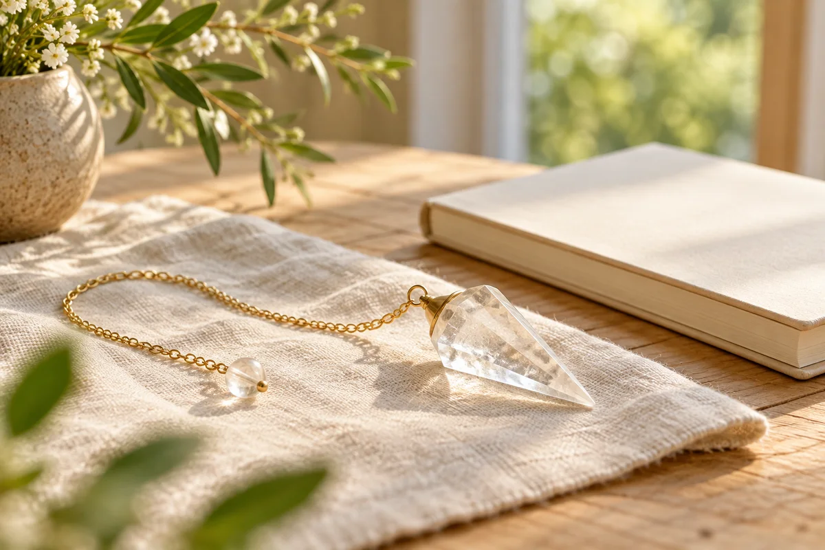 Péndulo transparente con cadena dorada sobre una tela, junto a un cuaderno cerrado.