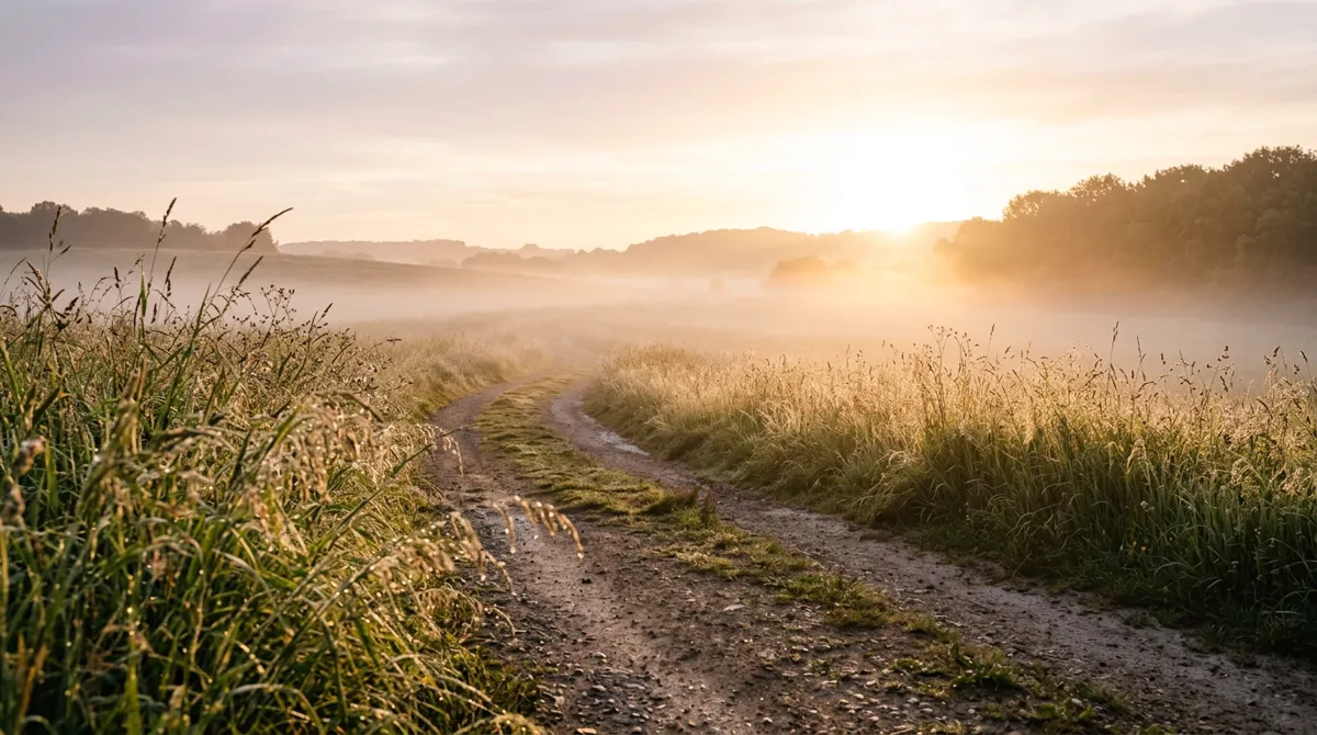 Un camino de tierra entre la niebla de la mañana hacia un horizonte luminoso.
