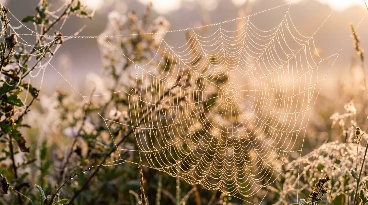 Una telaraña cubierta de rocío que brilla con la luz dorada del amanecer.