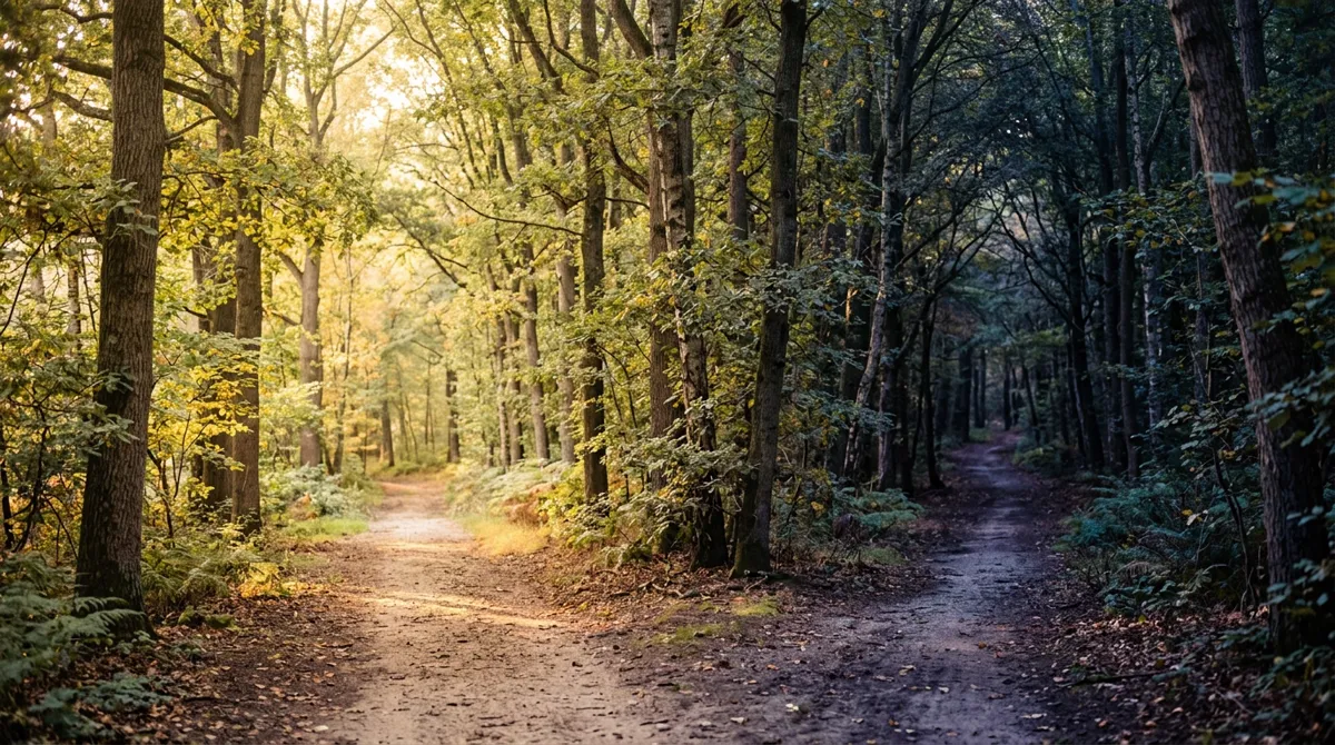 Un camino de bosque que se divide en uno luminoso y otro en sombra.