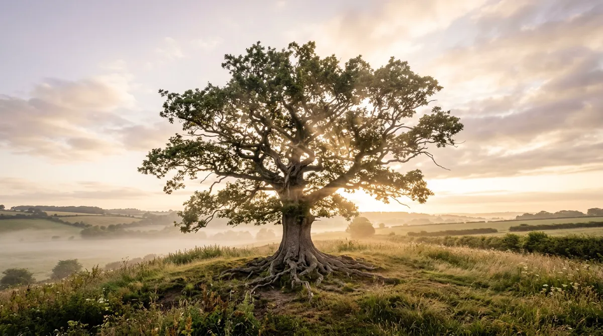 Un árbol antiguo de raíces fuertes sobre una colina al amanecer, como imagen de un linaje familiar.