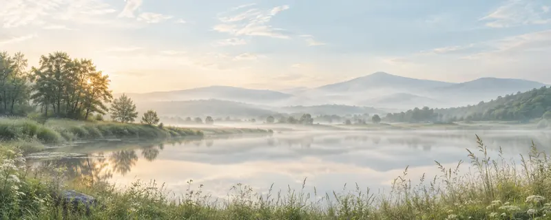 Ilustración conceptual de un paisaje sereno junto al agua, con árboles y montañas suaves al amanecer