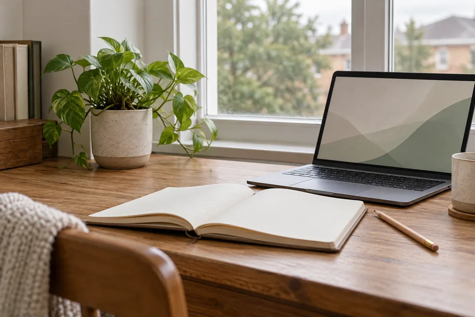 Ordenador, cuaderno abierto y lápiz en un escritorio de casa para seguir los cursos online