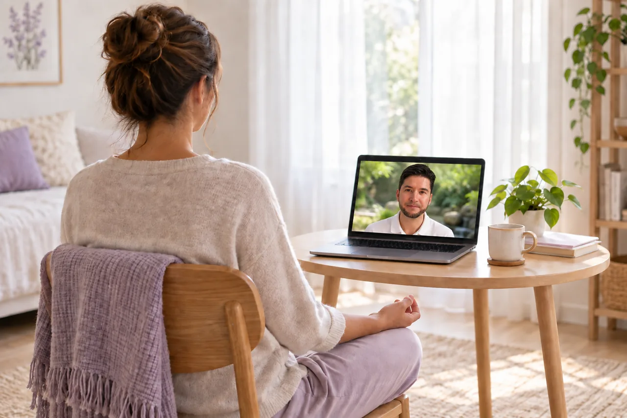 Escena ilustrativa de una persona meditando desde casa con Pol en la pantalla del portátil