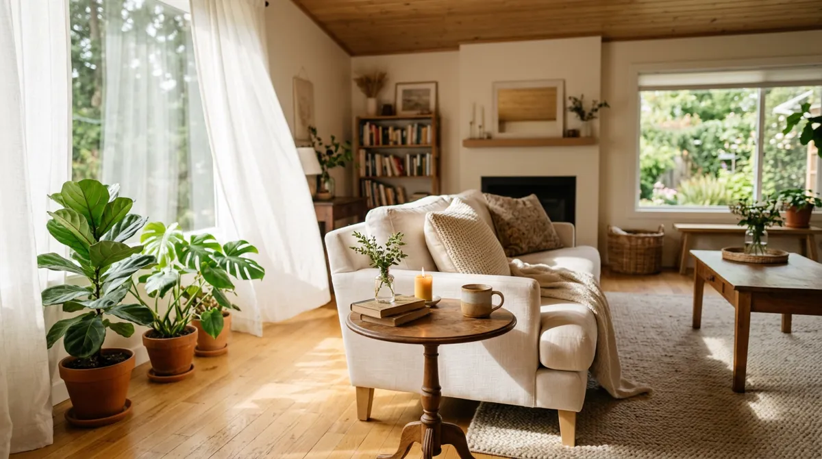Hogar luminoso y armónico con plantas verdes, representando un ambiente libre de bloqueos energéticos.