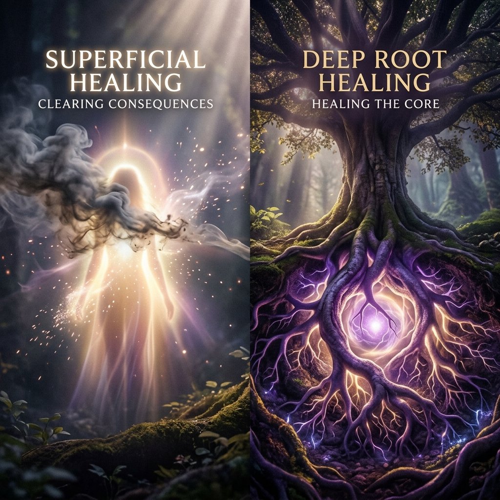 Representación visual de una limpieza áurica necesaria frente a una sanación de raíces profundas en el alma.
