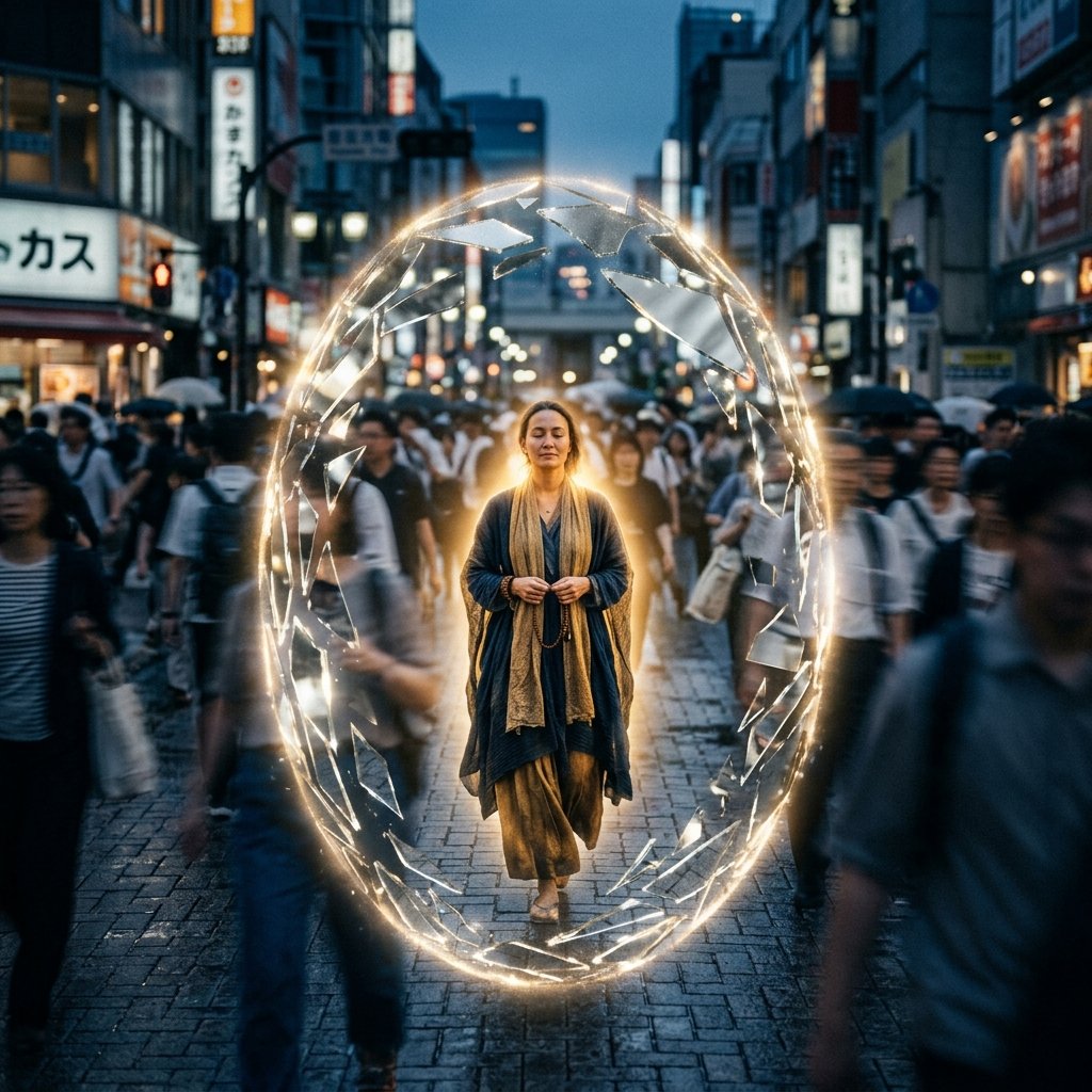 Persona en estado de calma y protección visualizando un óvalo de espejos protector en medio de una multitud urbana.