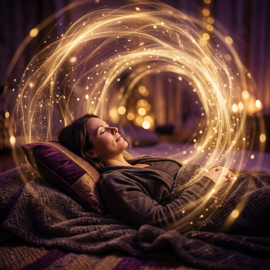 Persona en estado de relajación consciente profunda, guiada por terapeutas expertos en sanación del alma en un entorno seguro y profesional.