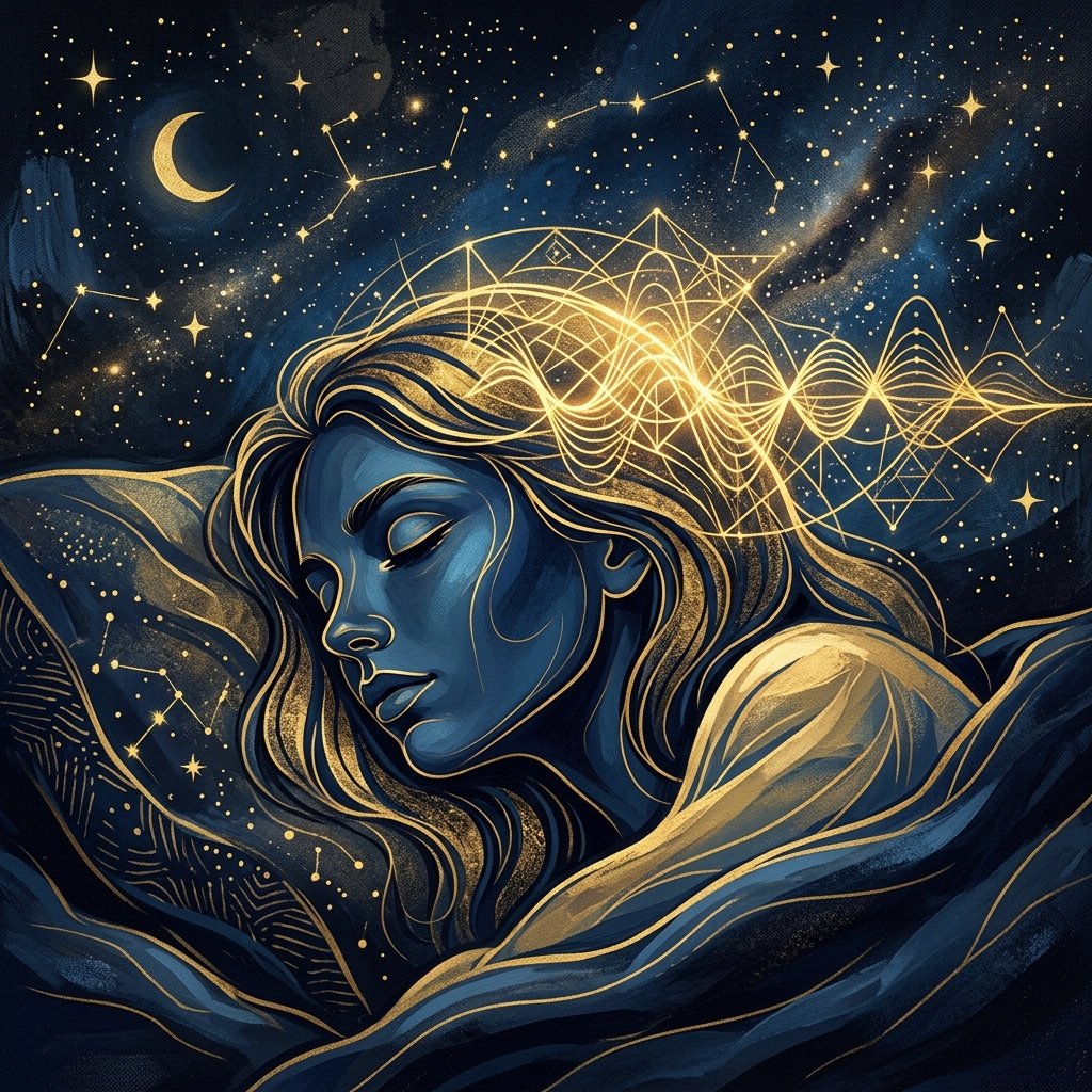 Silueta serena de perfil durmiendo bajo un cielo estrellado y un patrón brillante de ondas cerebrales delta.